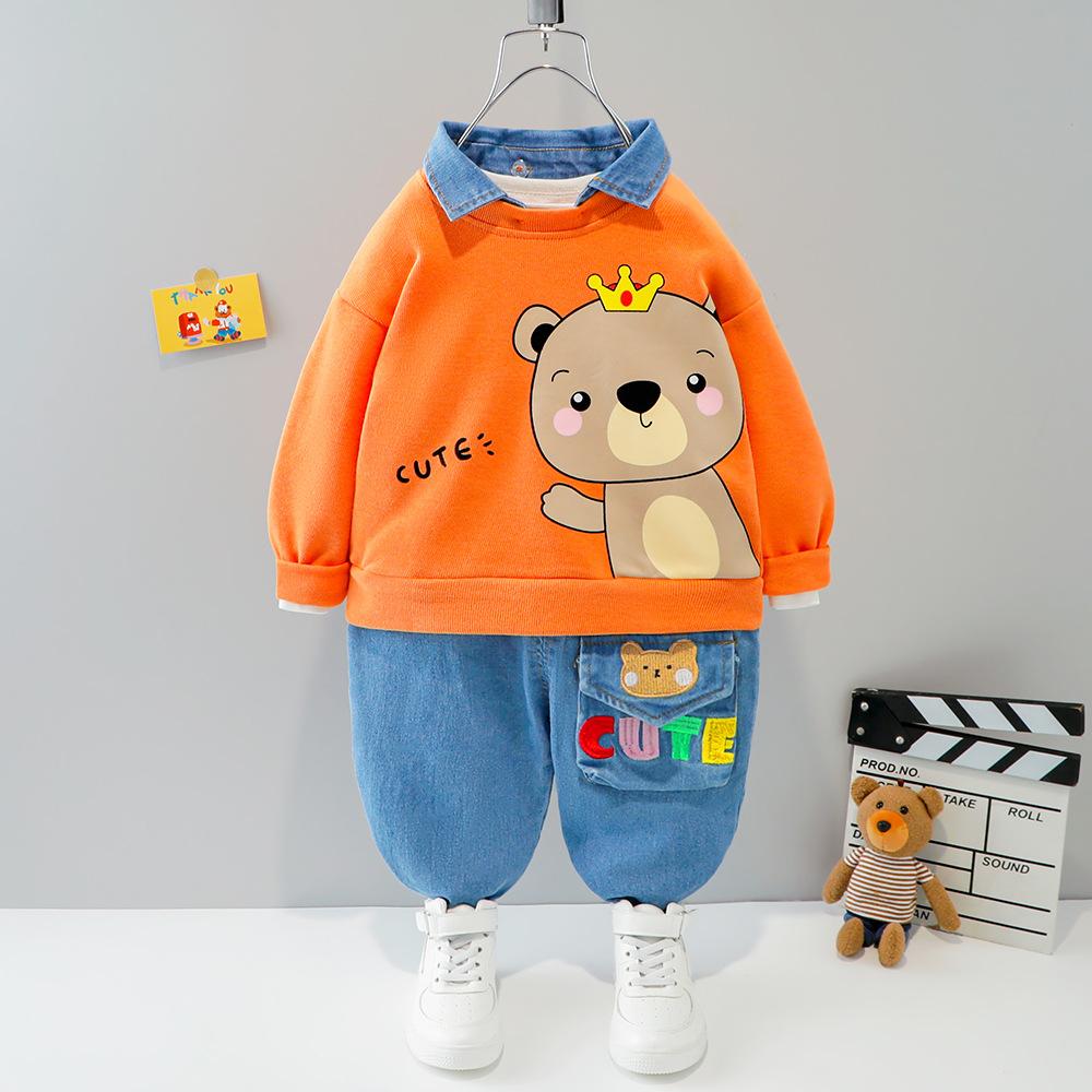 Boys Long Sleeve Cartoon Lapel Hoodie Trousers Set Baby Wholesales