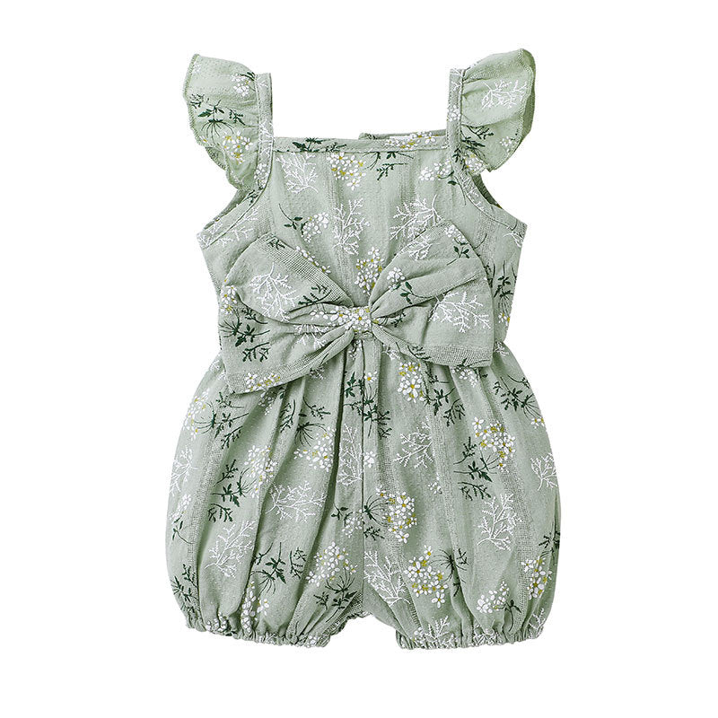 Baby Girls Summer Solid Color Flower Print Bow Sleeveless Jumpsuit