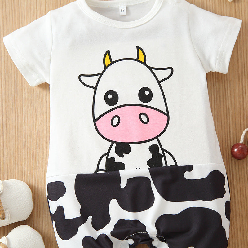 Baby Boys Summer Cotton Solid Color Cartoon Printed Short Sleeved Jumpsuit