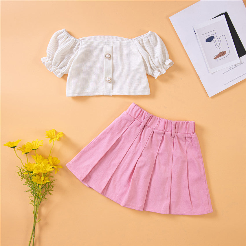 Toddler Kids Girls Solid One Shoulder Bubble Sleeve Blouse Pink Pleated Skirt Set