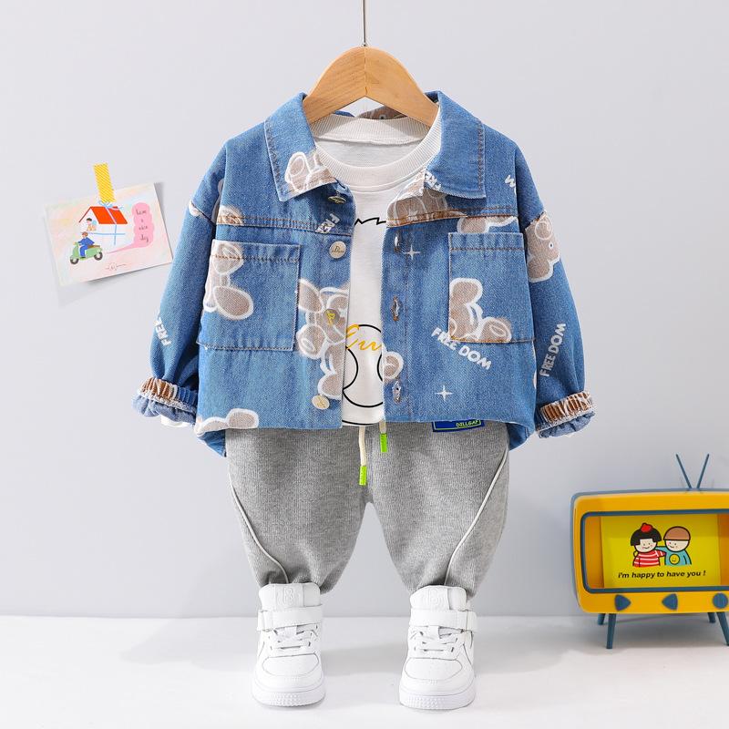 Baby Boys Spring/Autumn Long-sleeve Bear Printed Denim Coat Set Baby Wholesales