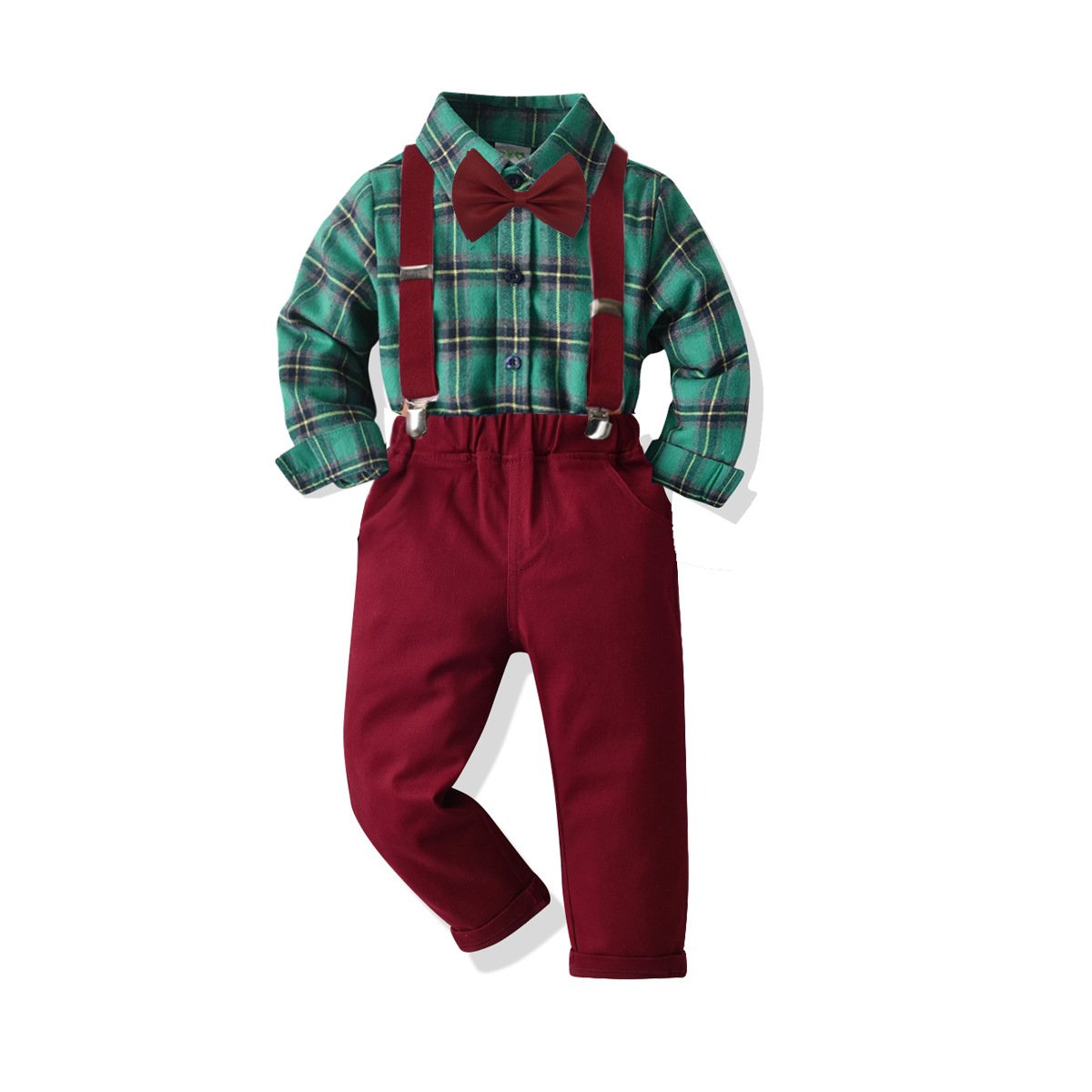MOQ 2pcs Boys Green Plaid Long Sleeve Shirt Wine Red Suspenders Gentlemen Suit Boy Clothes Wholesale
