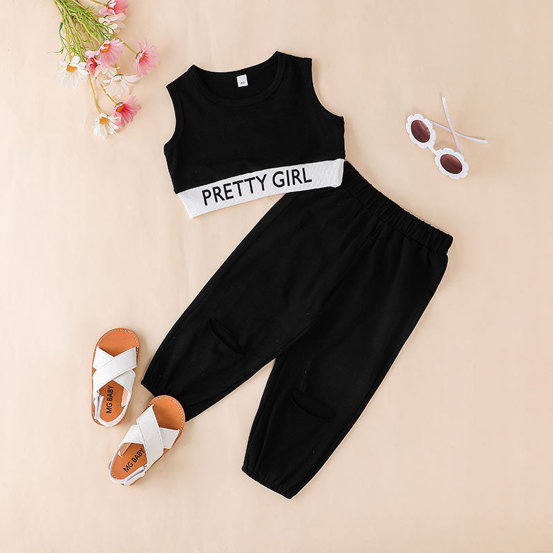 Toddler Kids Black Sleeveless Vest Top Pants Sportswear Set