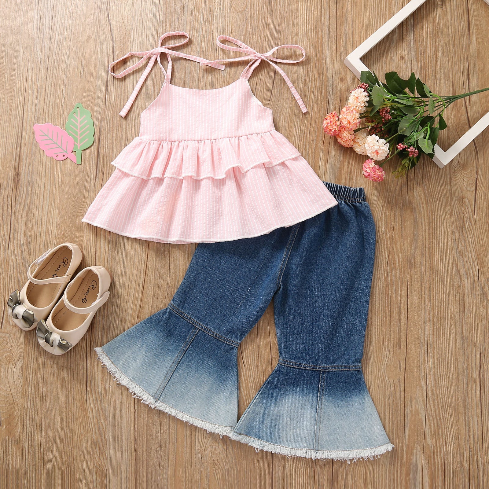 Toddler Kids Girls Solid Color Sleeveless Suspender Top Denim Horn Pants Set