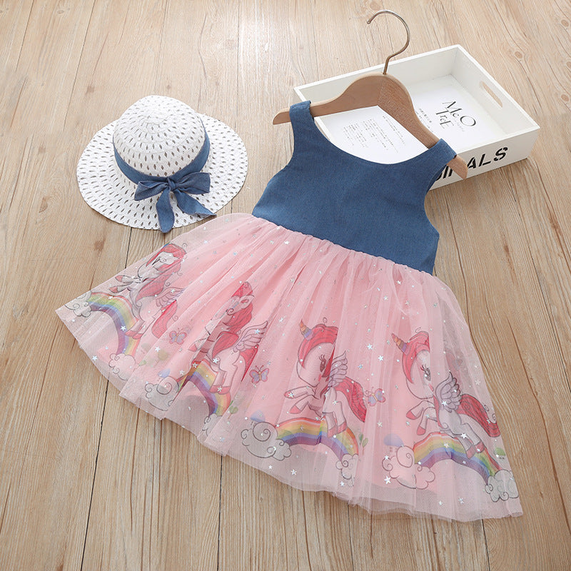 Toddler Kids Girls Solid Color Sleeveless Bow Unicorn Print Mesh Stitching Dress Hat Two Piece Set
