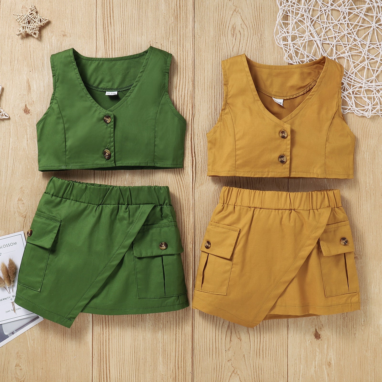 Toddler Kids Girls Summer Single Breasted Solid Color Vest Top A-line Skirt Set