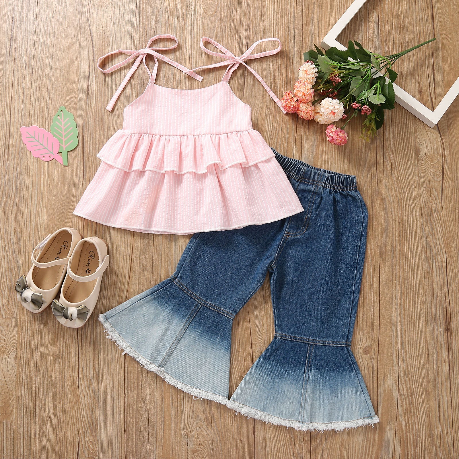 Toddler Kids Girls Solid Color Sleeveless Suspender Top Denim Horn Pants Set