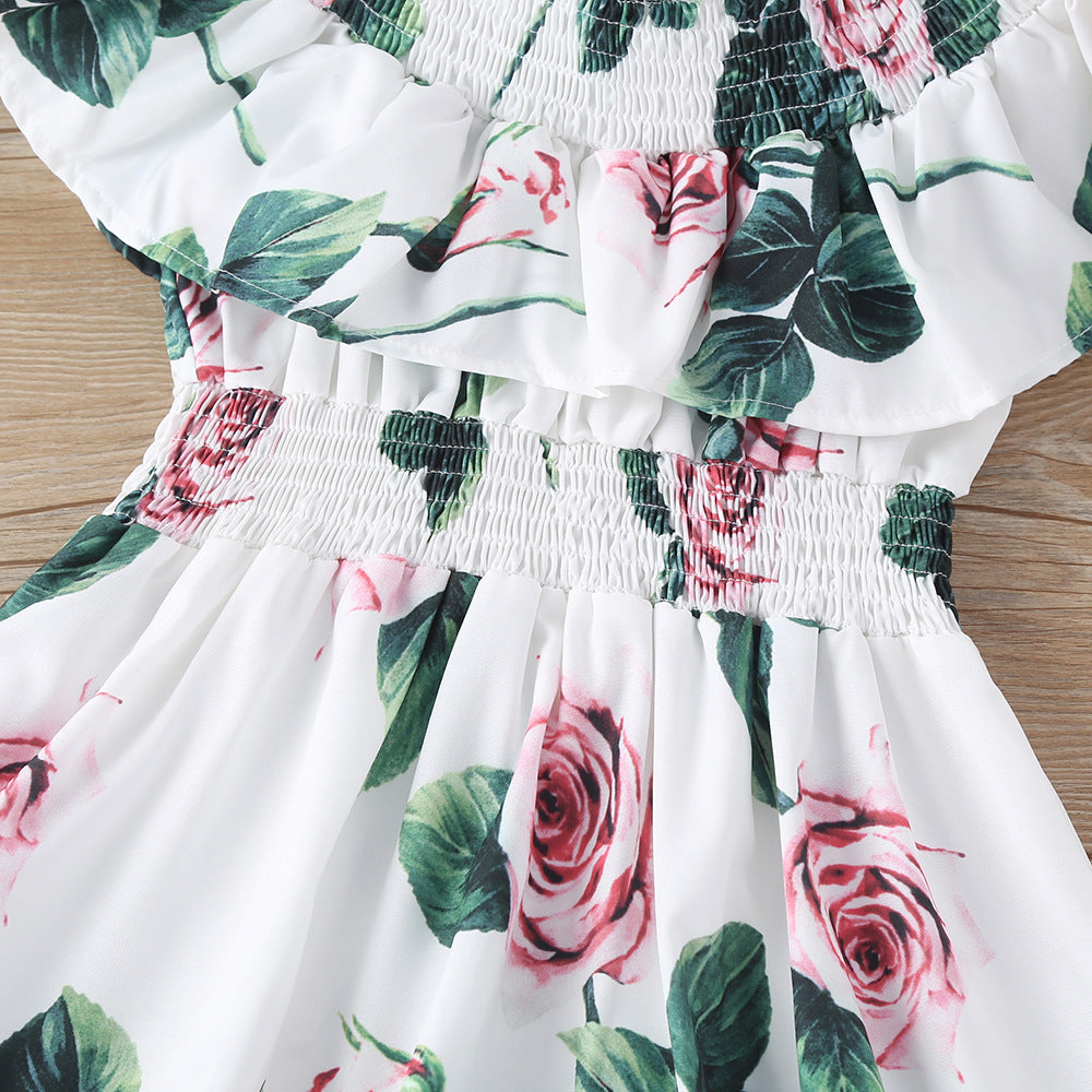 Toddler Kids Girls Solid Flower Print Ruffle Short Sleeve Waist Dress