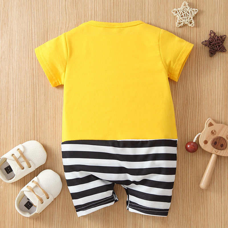 Baby Boys Summer Cotton Solid Color Cartoon Printed Short Sleeved Jumpsuit