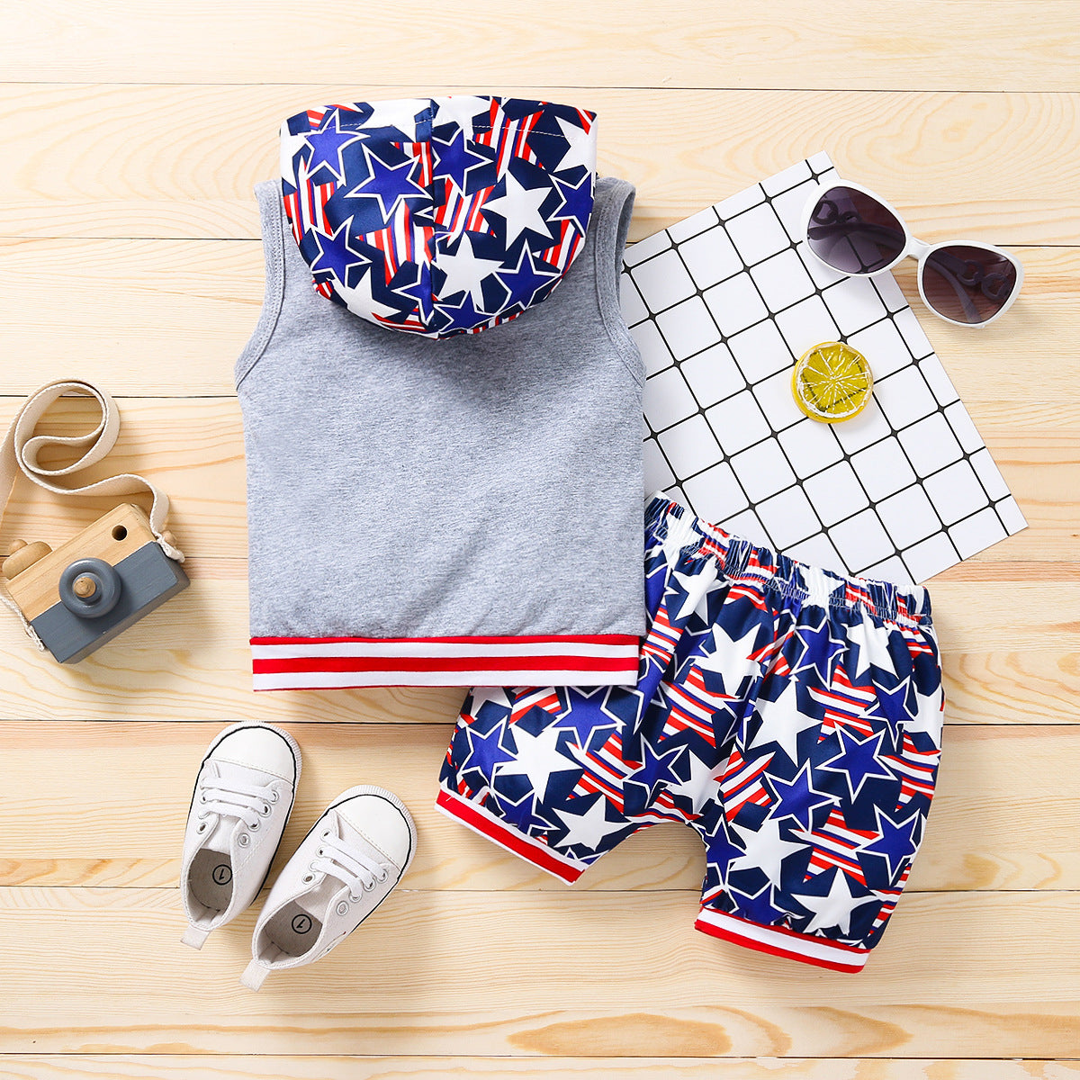 Summer New Striped Letters Printed Hooded Tops * Stars Yangqi Shorts Independent Day Children's Clothing