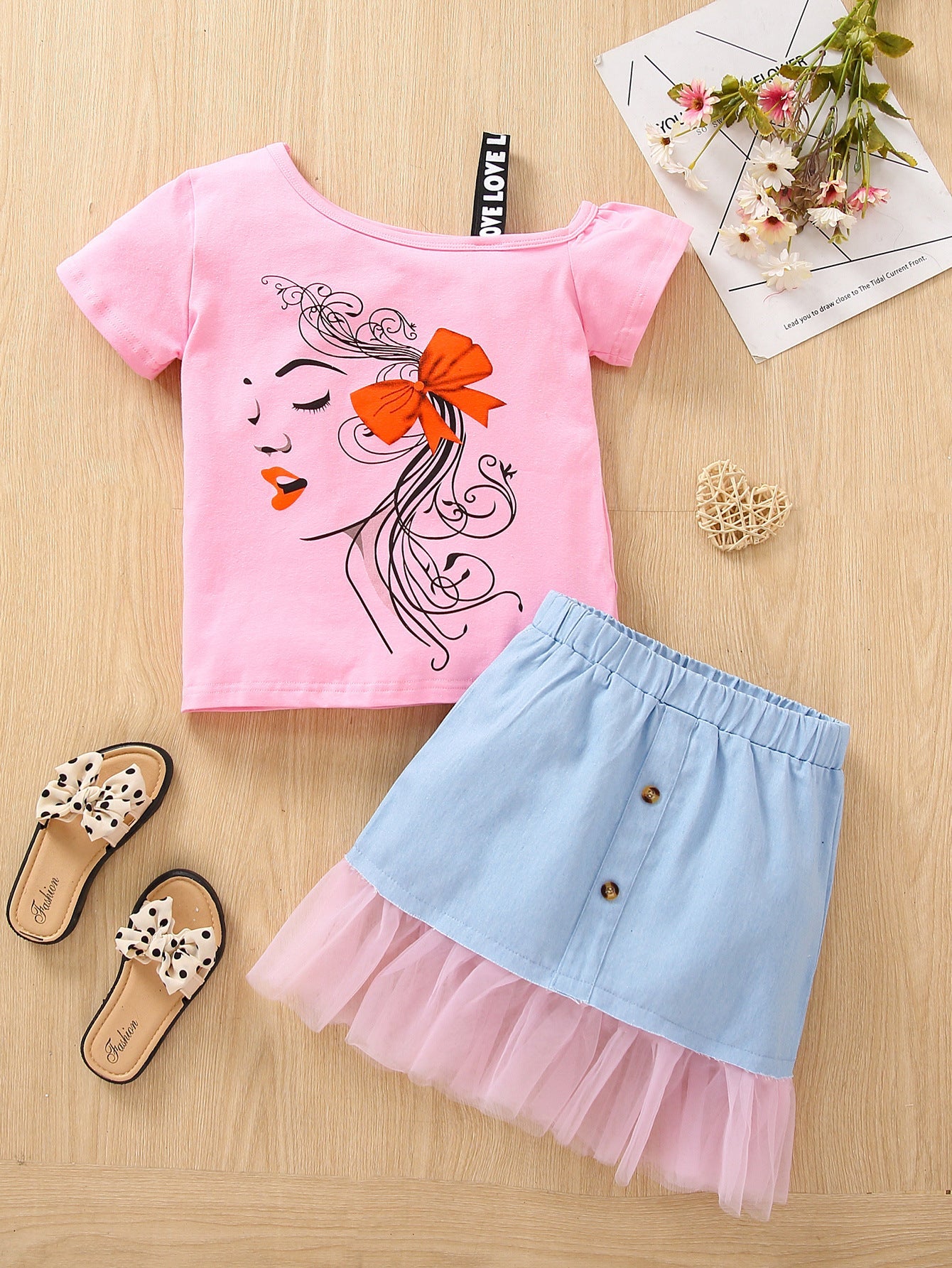 Summer Fashion Girls Strapless T-shirt Denim Short Skirt Set Children's Clothing