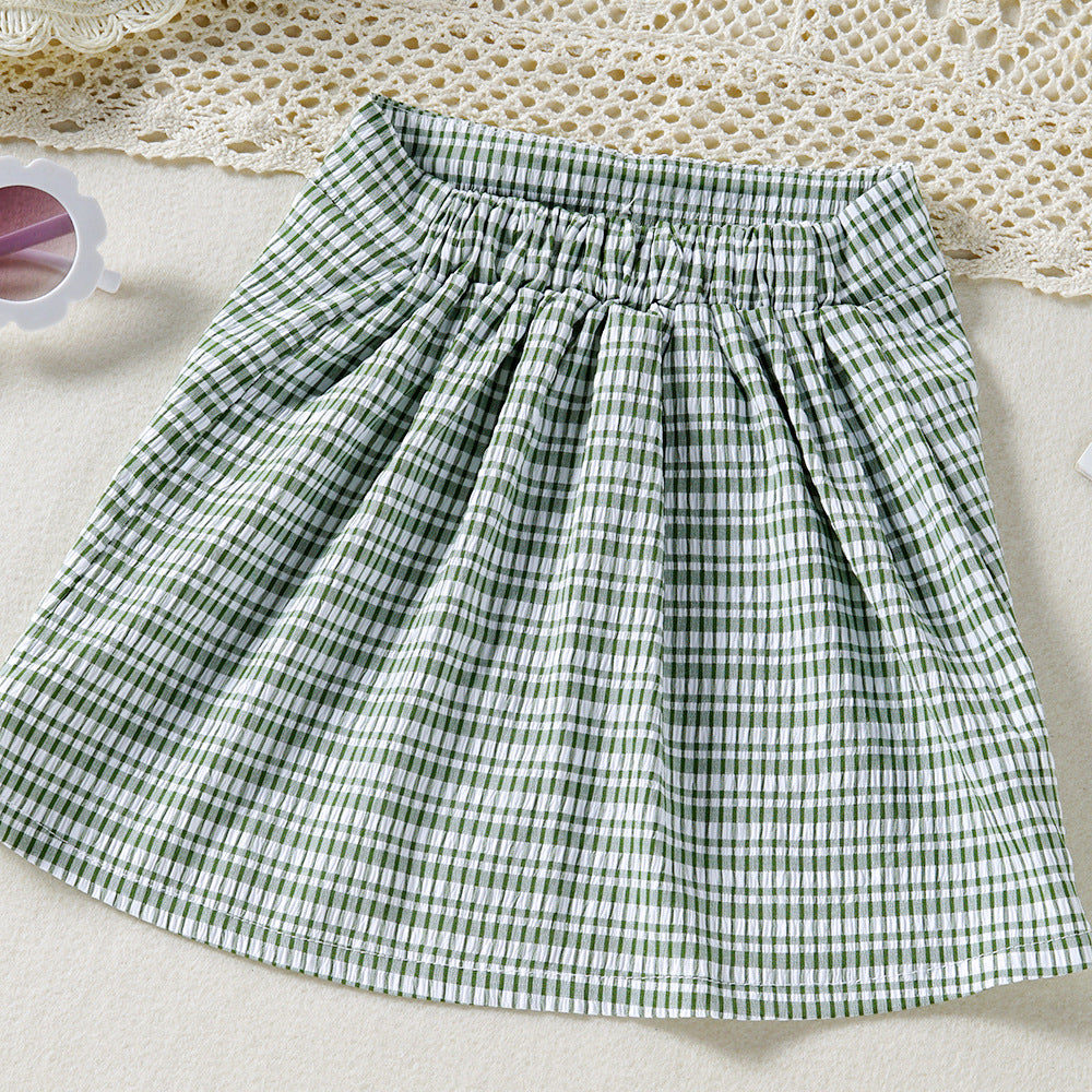 Toddler Kids Girls Summer Solid Color Plaid Printed Bow Suspender Skirt Set