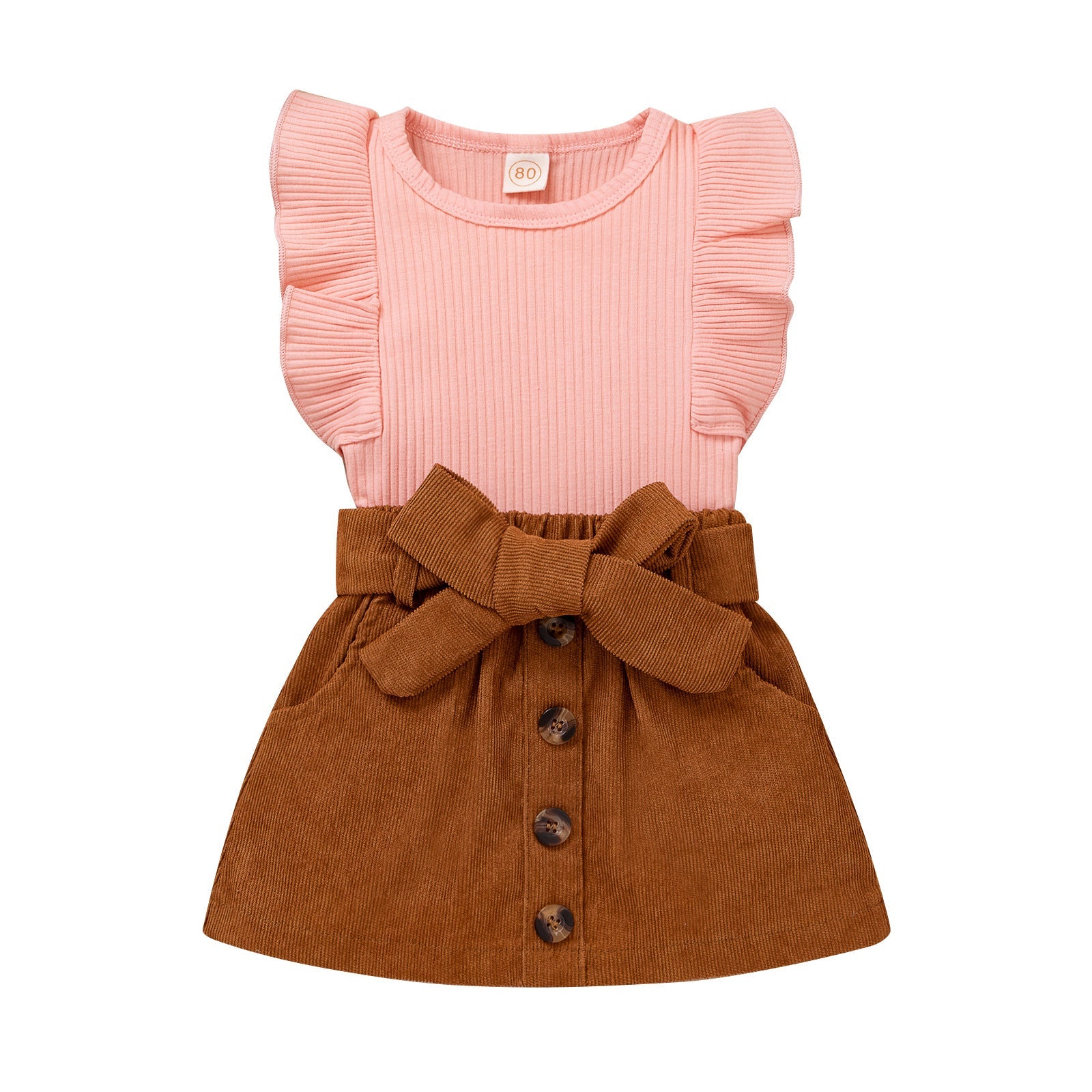 Toddler Girls Pit Strip Lotus Leaf Sleeve Corduroy Bow Short Skirt Fashion Wholesale Kids Clothing