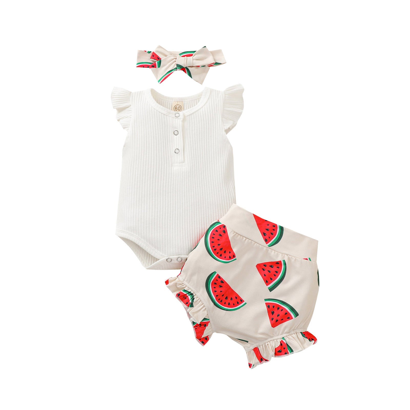 Girls' Baby Suit White Fly Sleeve Top Printed Shorts Three Pieces