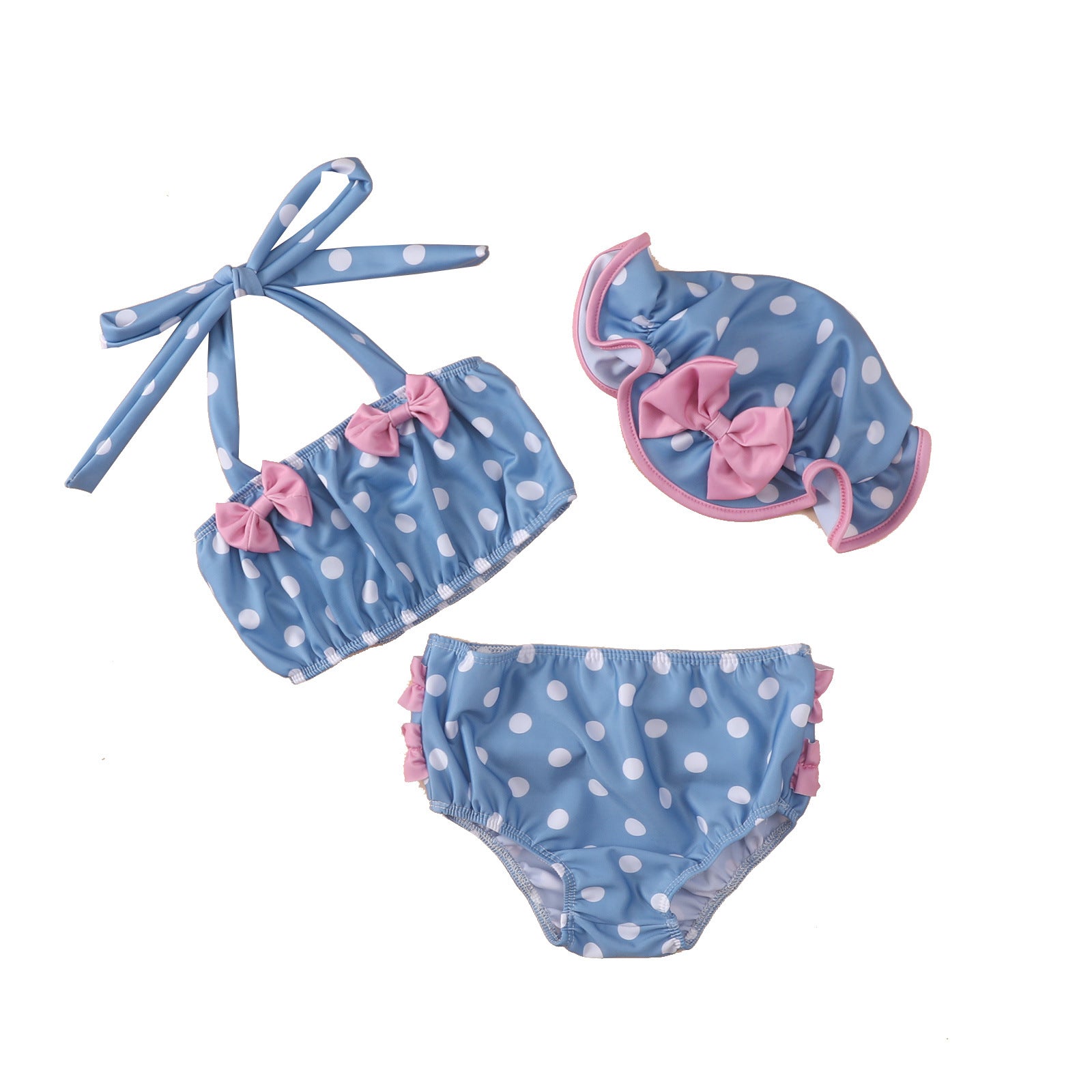 Summer Infant and Young Girls Brassiere Hanging Neck Tie Polka Dot Striped Bow Split Swimsuit Three Sets