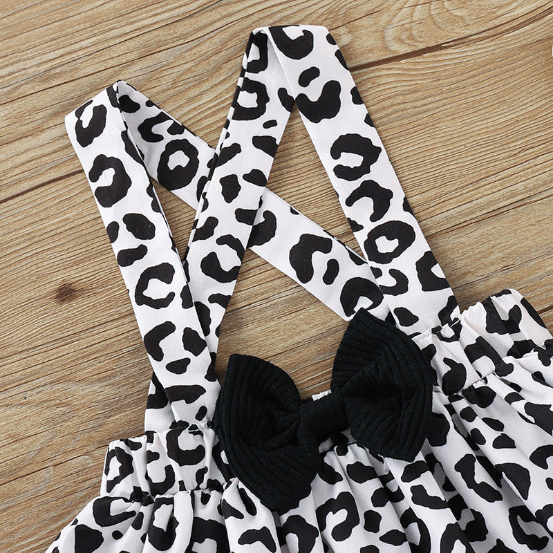 Toddler Kids Girls Solid Letter Print Short Sleeve T-shirt Leopard Print Bow Strap Skirt Set