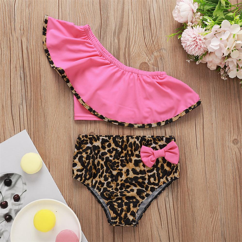 Girls Oblique Shoulder Leopard Printed Bow Decor Swimsuit Swimwear With Shorts