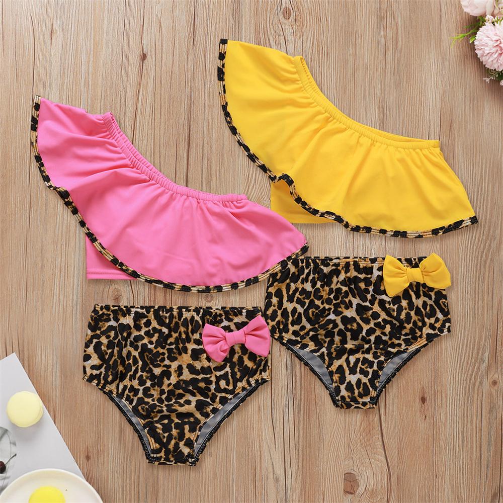 Girls Oblique Shoulder Leopard Printed Bow Decor Swimsuit Swimwear With Shorts