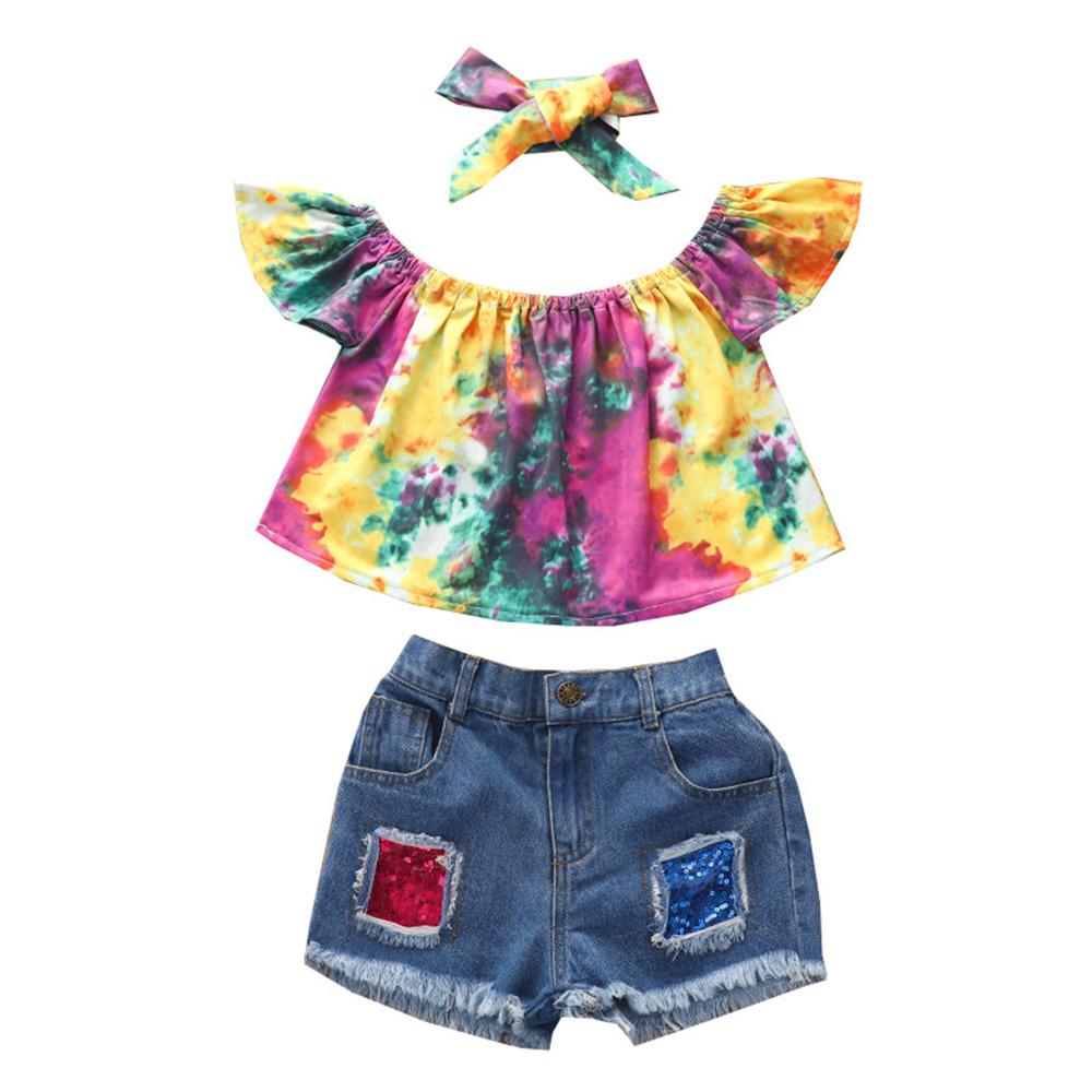 Girls Off Shoulder Flying Sleeve Tie Dye Top & Denim Shorts & Headband wholesale kids boutique clothing