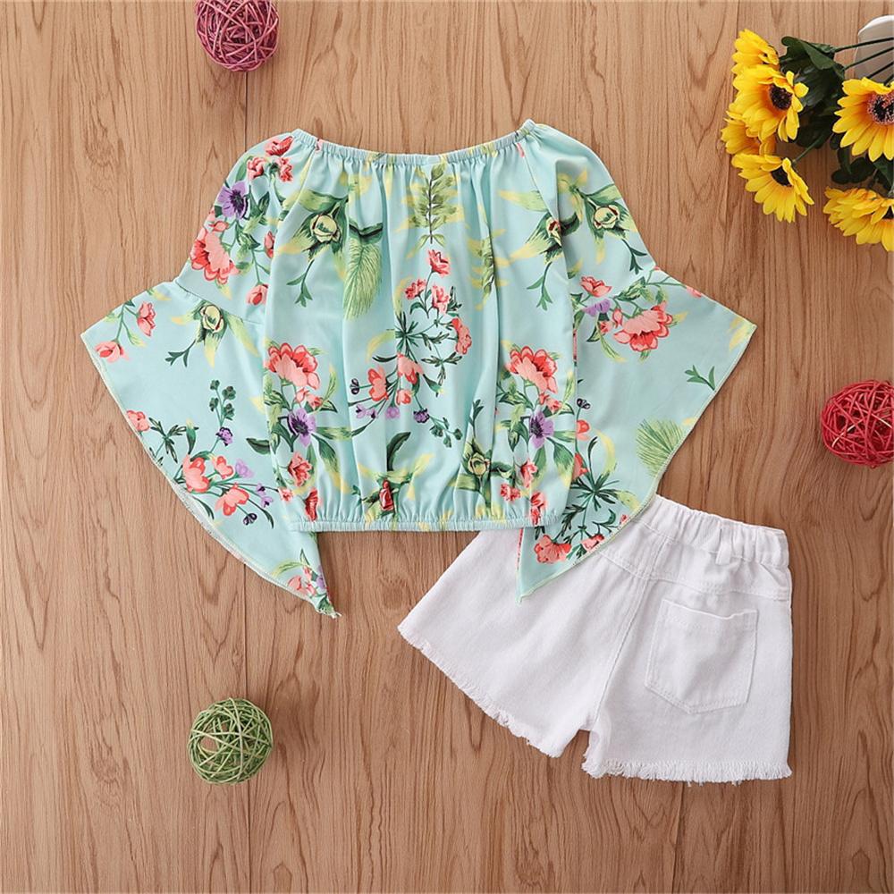 Girls Off Shoulder Half Sleeve Leaves Flower Printed Top & Denim Shorts Girl Boutique Clothing Wholesale