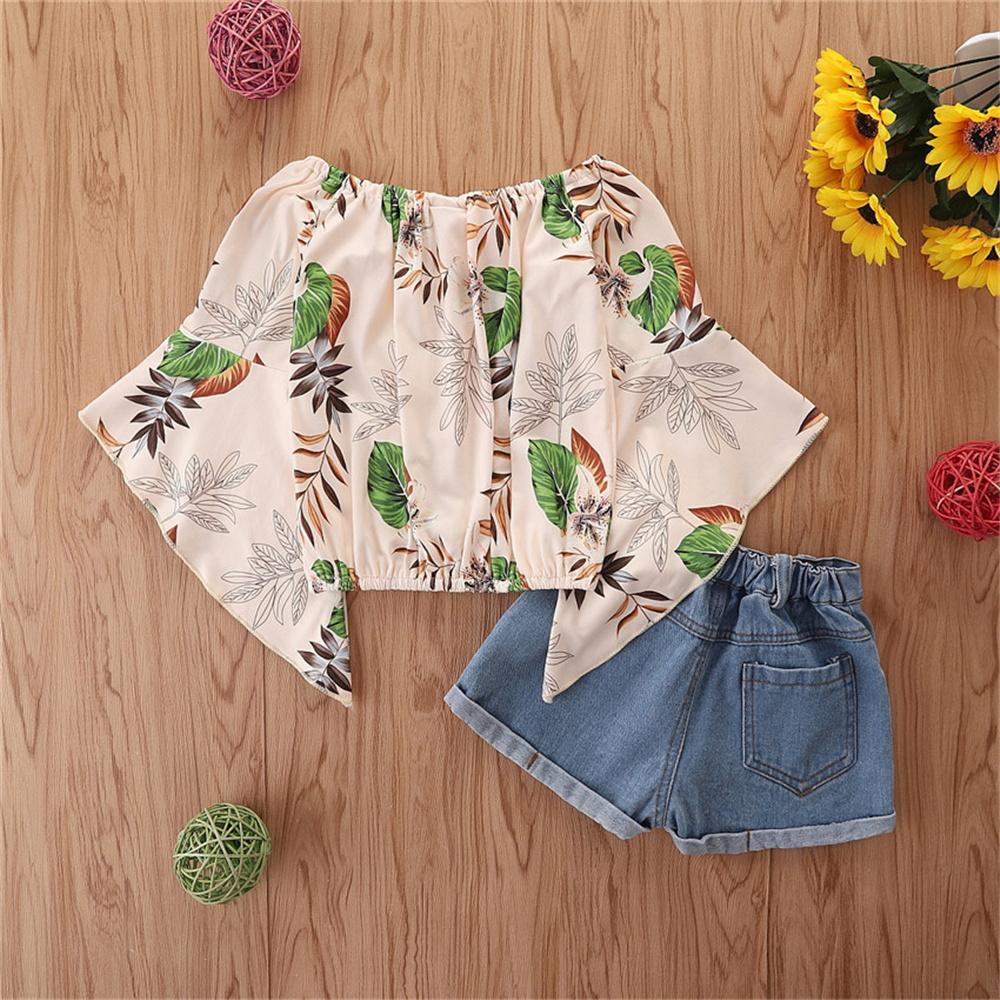 Girls Off Shoulder Half Sleeve Leaves Flower Printed Top & Denim Shorts Girl Boutique Clothing Wholesale
