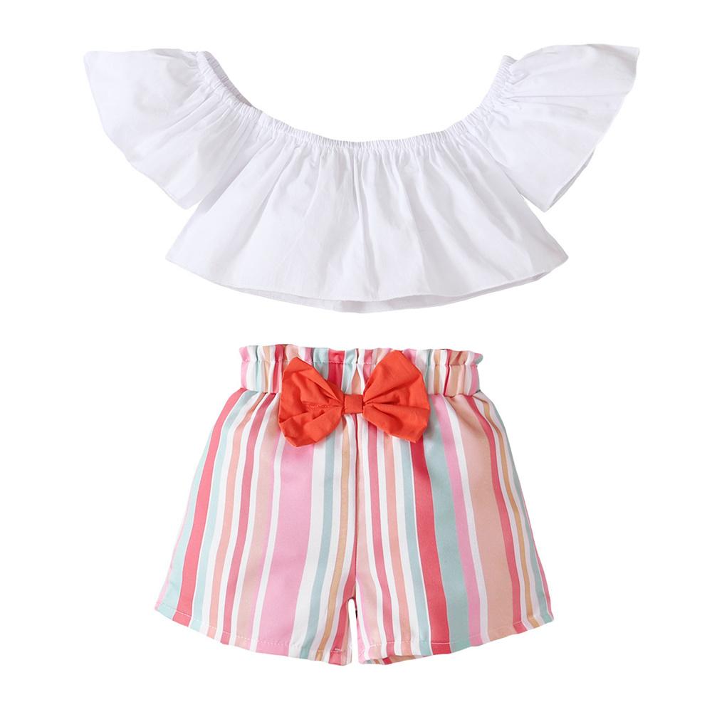 Girls Off Shoulder Short Sleeve Top & Striped Shorts kids clothes wholesale