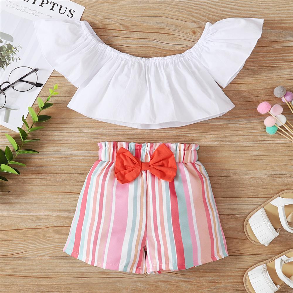 Girls Off Shoulder Short Sleeve Top & Striped Shorts kids clothes wholesale