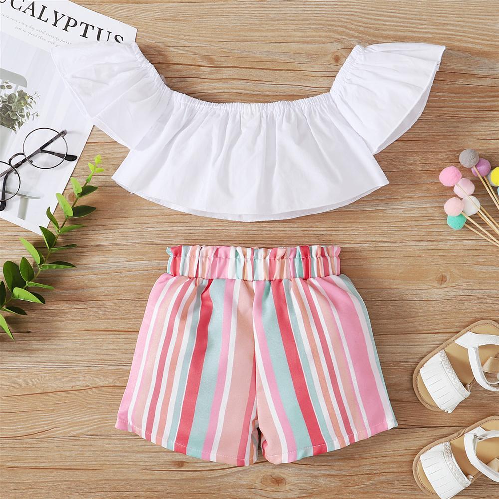 Girls Off Shoulder Short Sleeve Top & Striped Shorts kids clothes wholesale