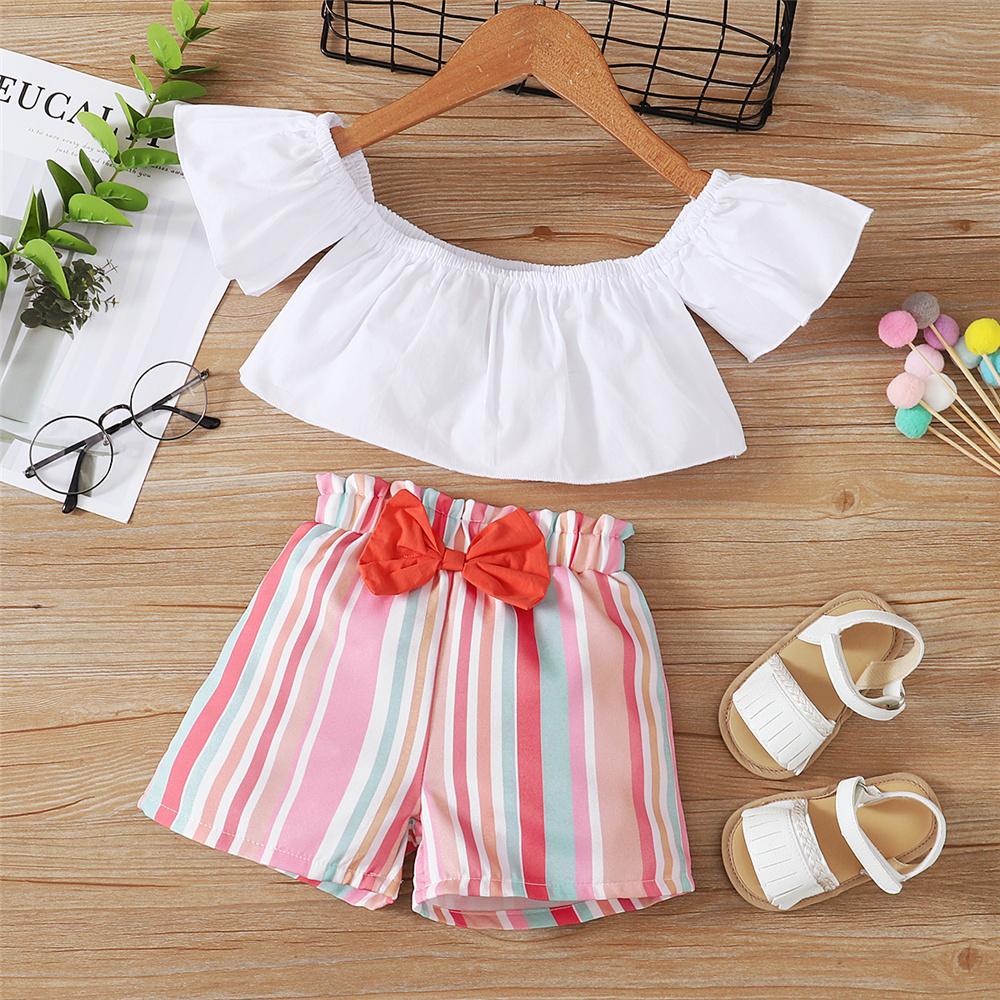 Girls Off Shoulder Short Sleeve Top & Striped Shorts kids clothes wholesale