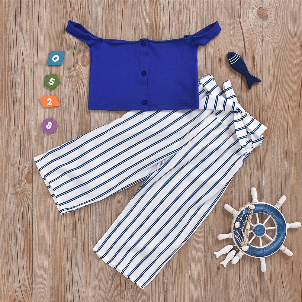 Girls Off Shoulder Sleeveless Solid Top & Striped Pants wholesale girls clothes