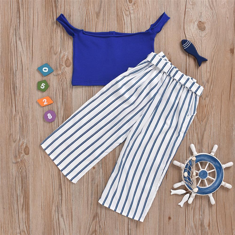 Girls Off Shoulder Sleeveless Solid Top & Striped Pants wholesale girls clothes