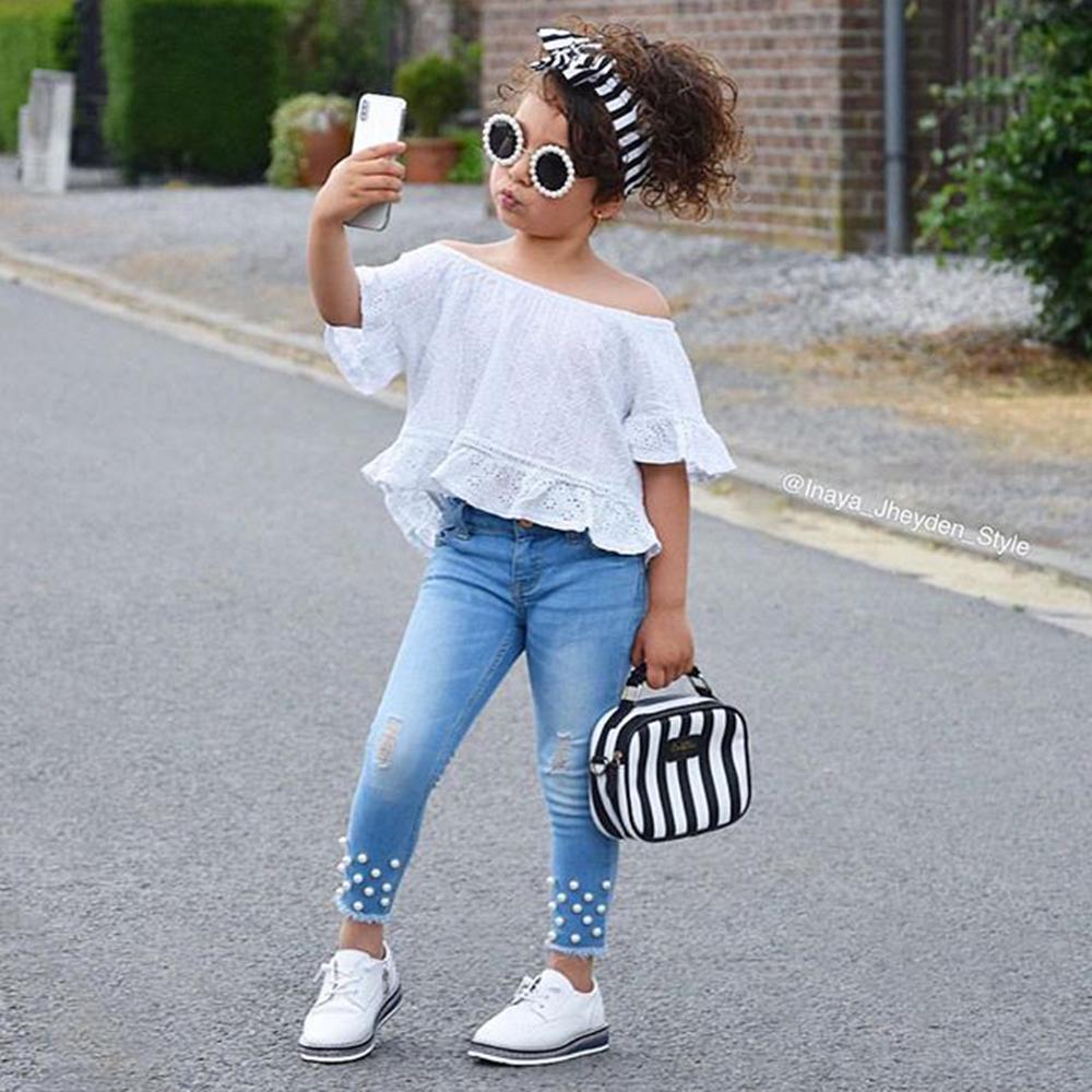 Girls Off Shoulder Solid Short Sleeve Top & Pearl Ripped Jeans Wholesale Childrens Clothing