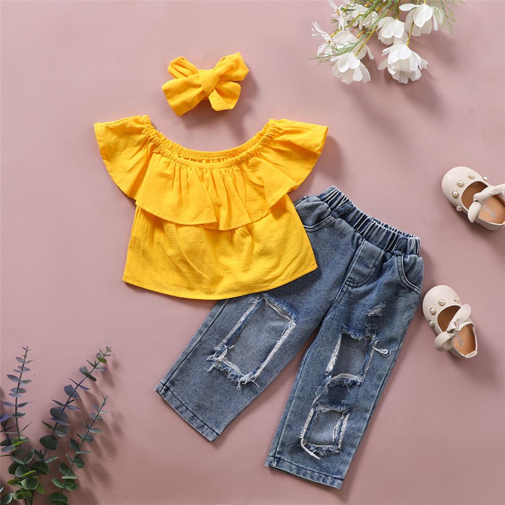 Girls Off Shoulder Solid Yellow Lotus Leaf Collar Top & Ripped Jeans & Headband Toddler Girls Wholesale