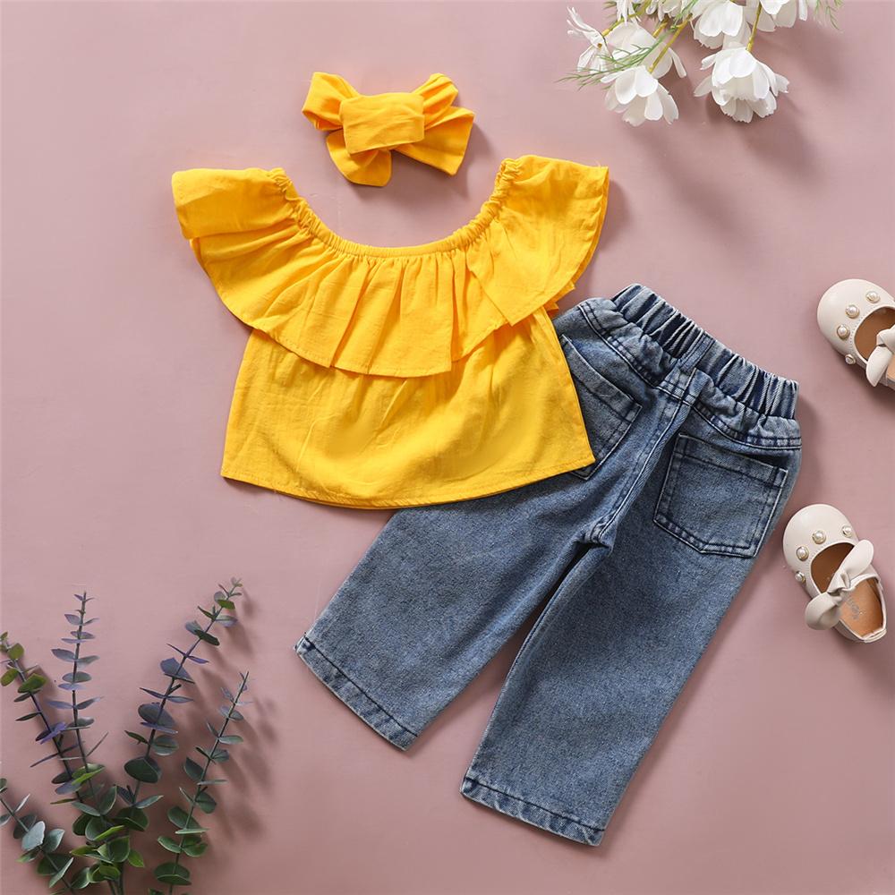 Girls Off Shoulder Solid Yellow Lotus Leaf Collar Top & Ripped Jeans & Headband Toddler Girls Wholesale