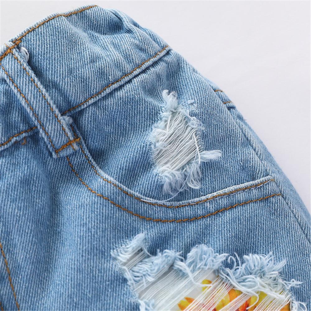 Girls Off Shoulder Sunflower Printed Top & Denim Shorts wholesale little girl clothing