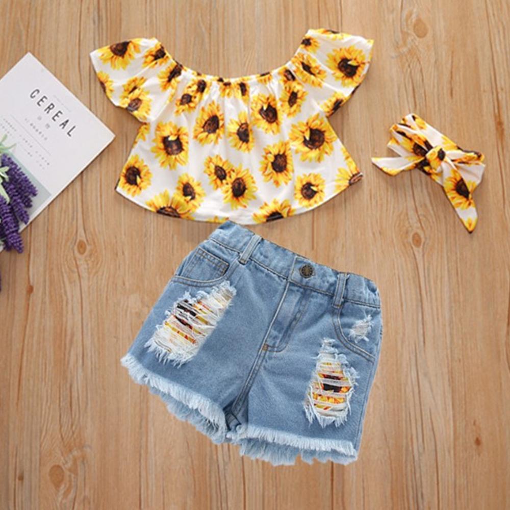 Girls Off Shoulder Sunflower Printed Top & Denim Shorts wholesale little girl clothing