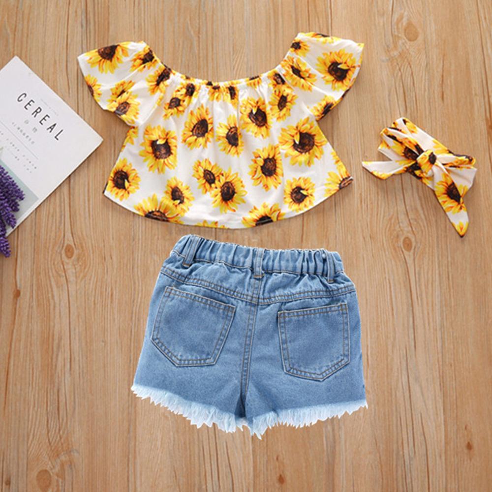 Girls Off Shoulder Sunflower Printed Top & Denim Shorts wholesale little girl clothing