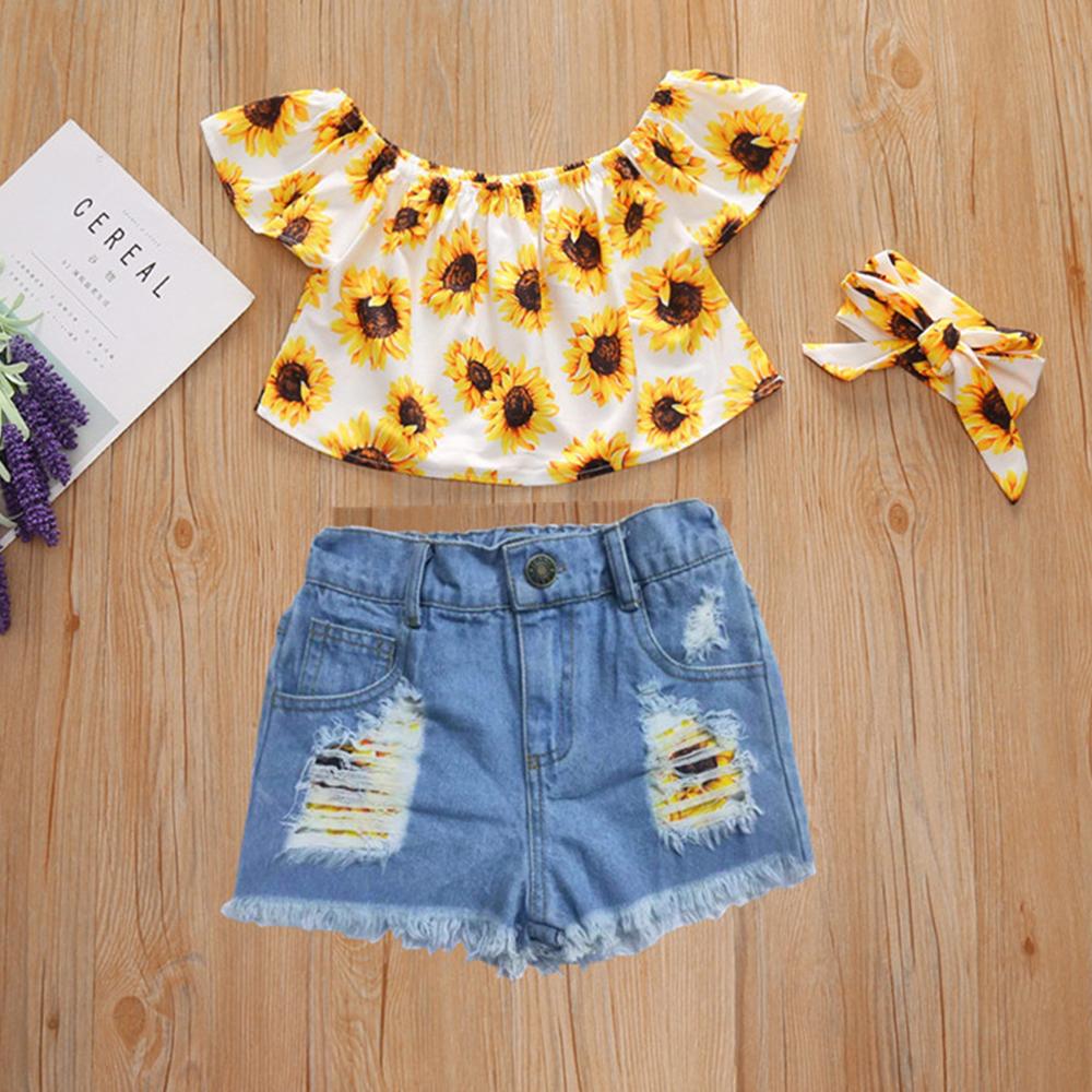 Girls Off Shoulder Sunflower Printed Top & Denim Shorts wholesale little girl clothing