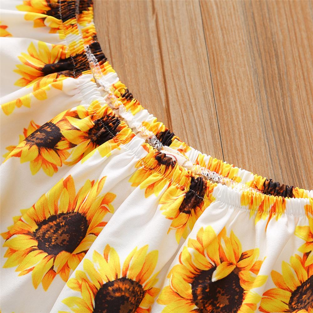 Girls Off Shoulder Sunflower Printed Top & Denim Shorts wholesale little girl clothing