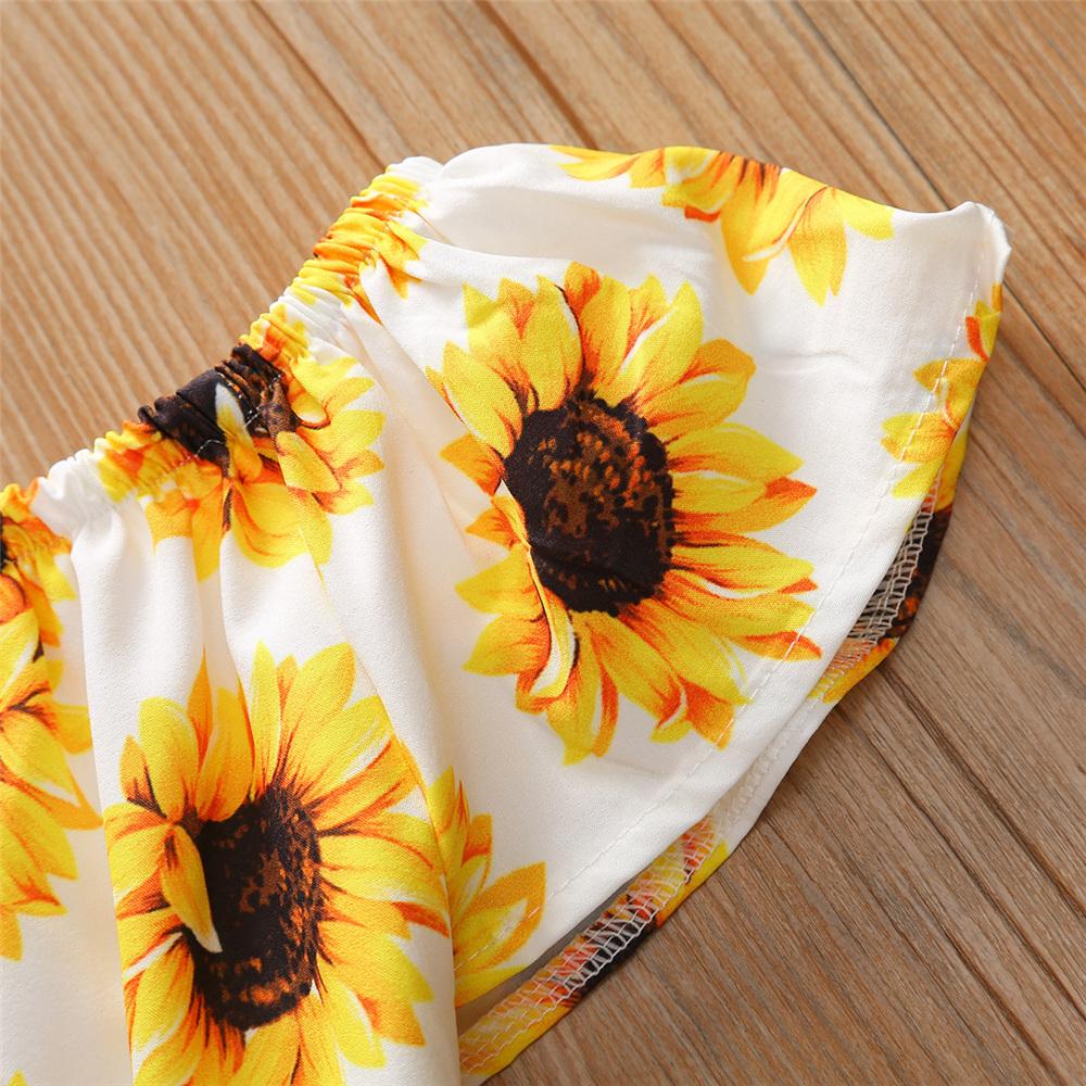 Girls Off Shoulder Sunflower Printed Top & Denim Shorts wholesale little girl clothing