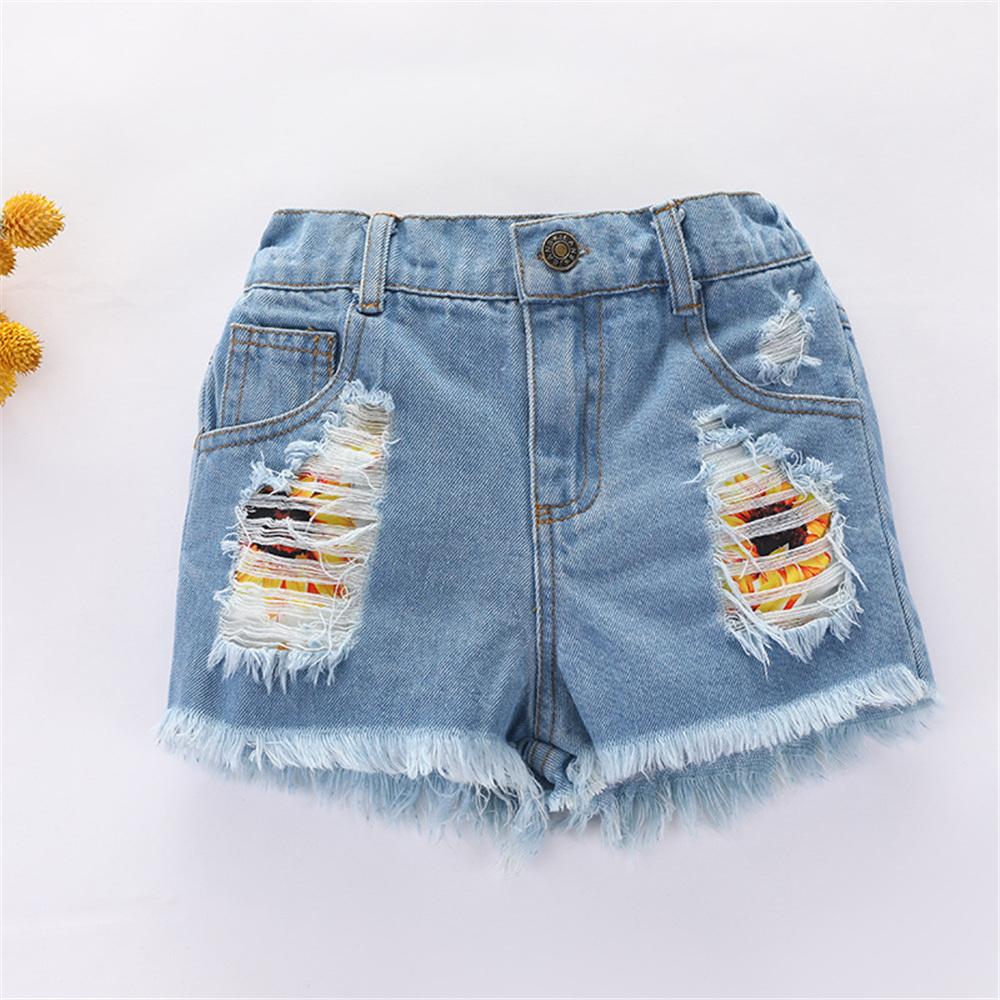 Girls Off Shoulder Sunflower Printed Top & Denim Shorts wholesale little girl clothing