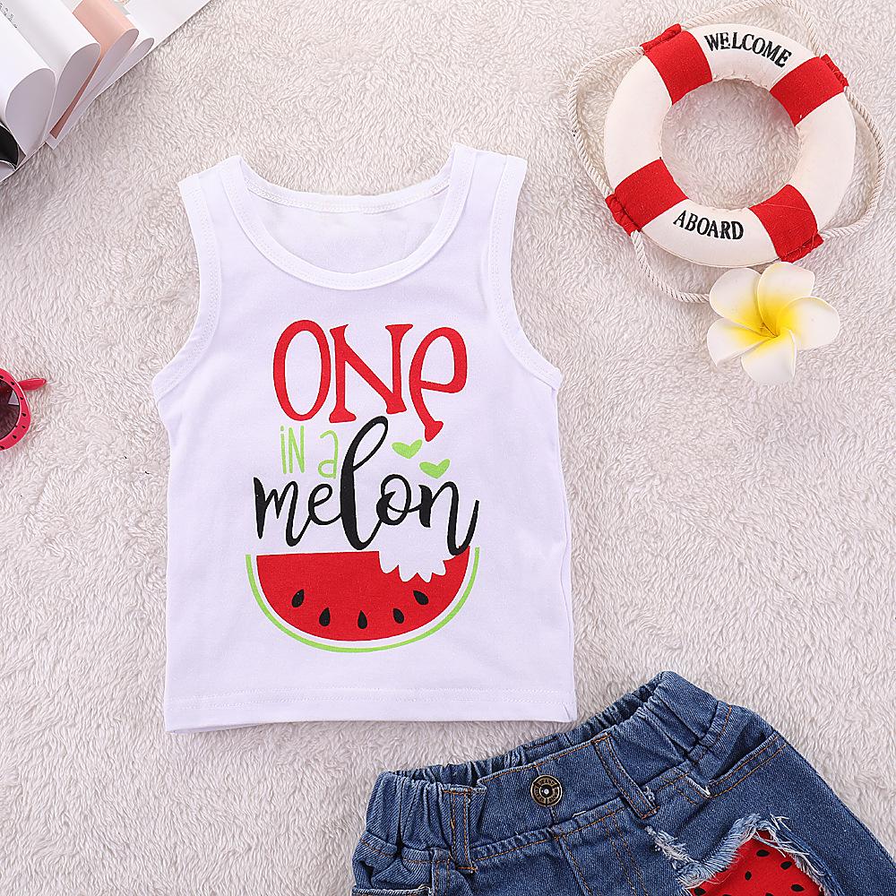 Girls One Watermelon Printed Sleeveless Top & Ripped Denim Shorts Kids Wholesale Clothing