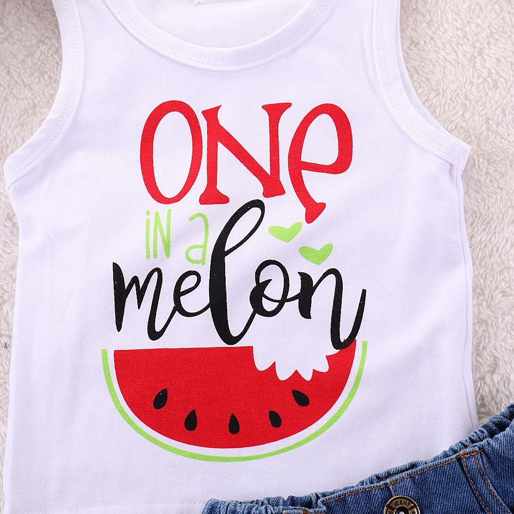 Girls One Watermelon Printed Sleeveless Top & Ripped Denim Shorts Kids Wholesale Clothing