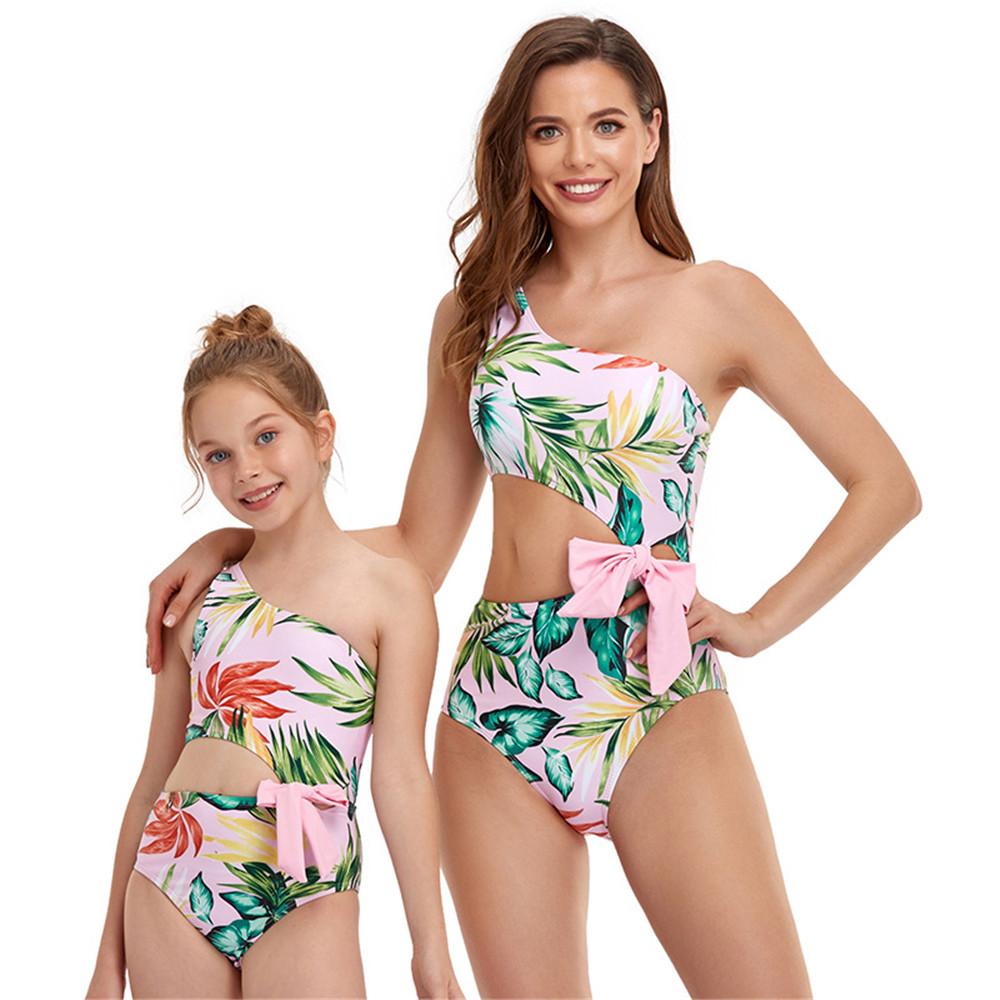 Parent-Child Bow Decor Oblique Shoulder Waistless Jumpsuit Swimwear mommy and me wholesale vendors