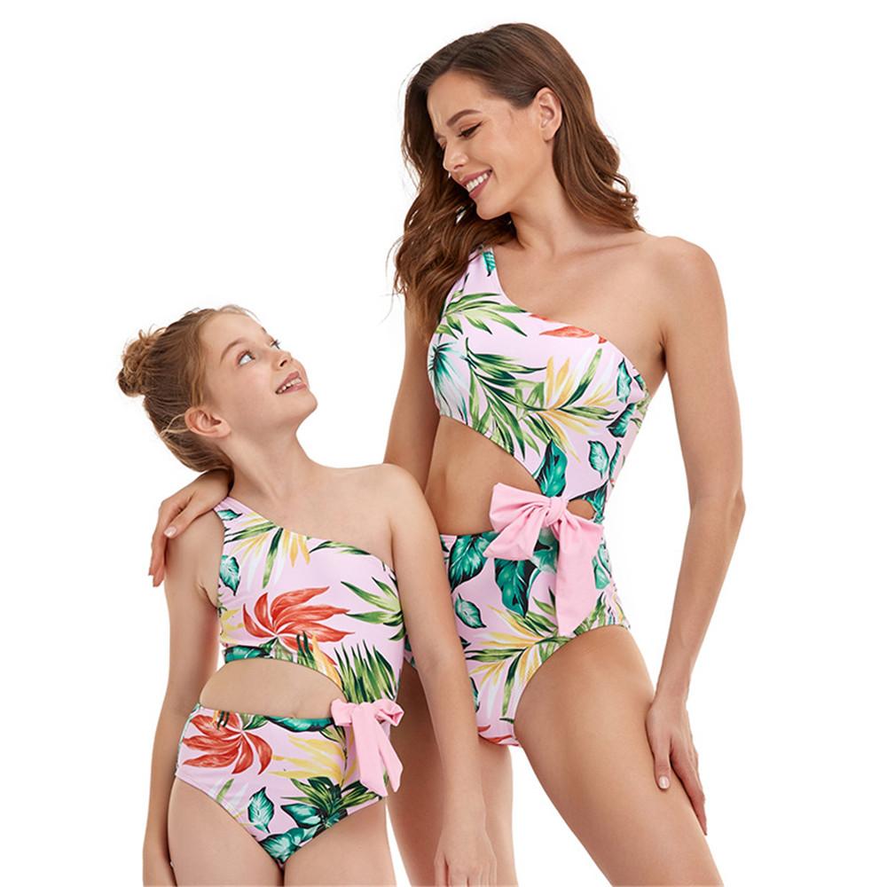 Parent-Child Bow Decor Oblique Shoulder Waistless Jumpsuit Swimwear mommy and me wholesale vendors