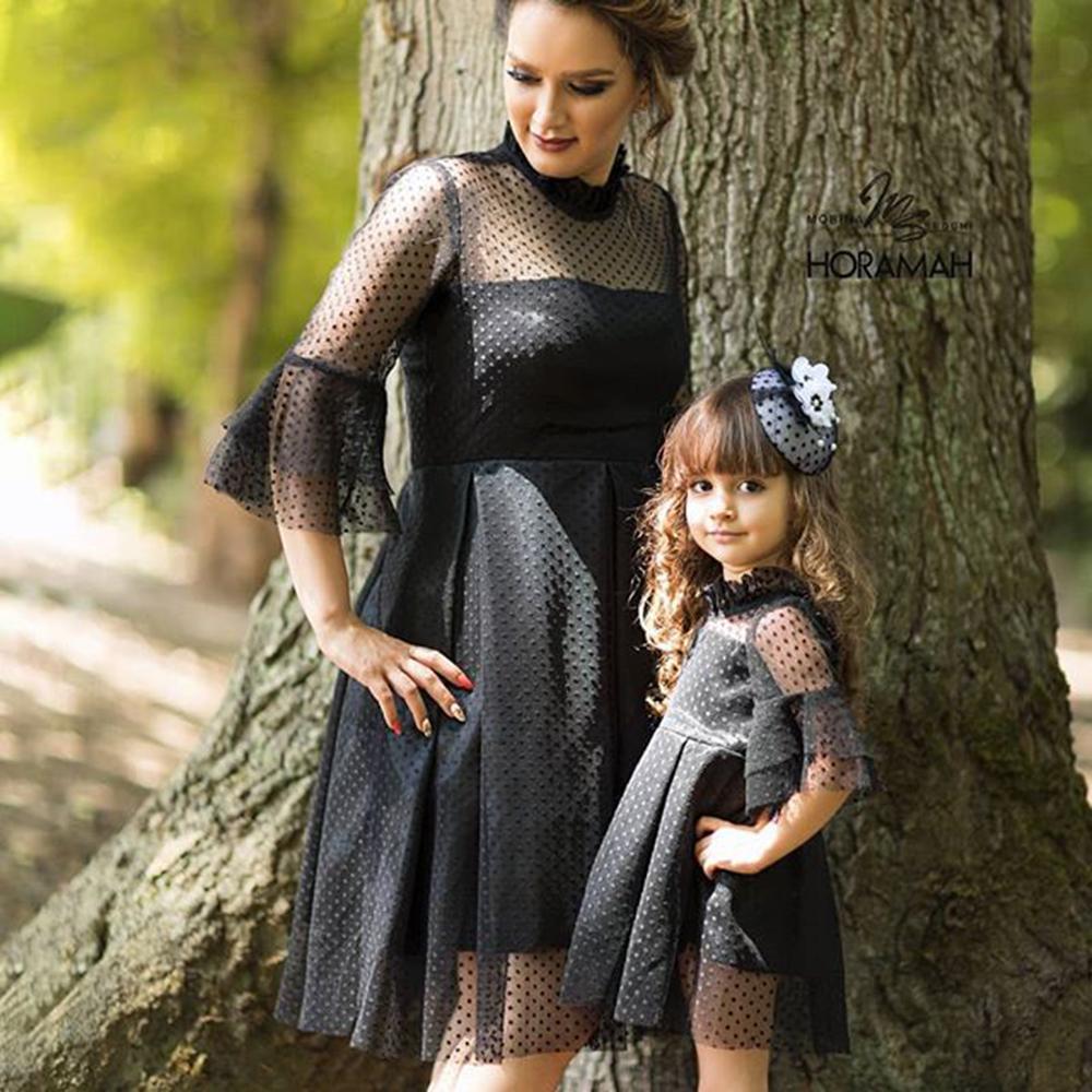 Parent-Child Lace Half Sleeve Polka Dot Black Dress Mommy And Me Outfits Wholesale