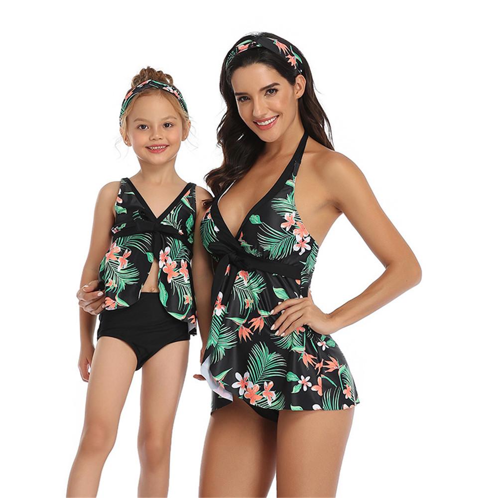 Parent-Child Leaves Printed Sling Swimming Suit Wholesale Plus Size Swimwear
