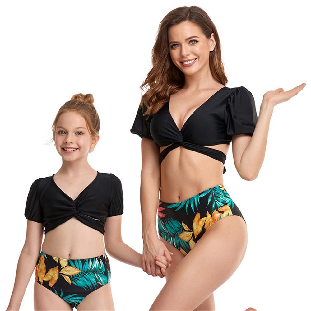 Parent-Child Leopard Printed V-Neck Short Sleeve Swimming Suit mommy and me outfits wholesale