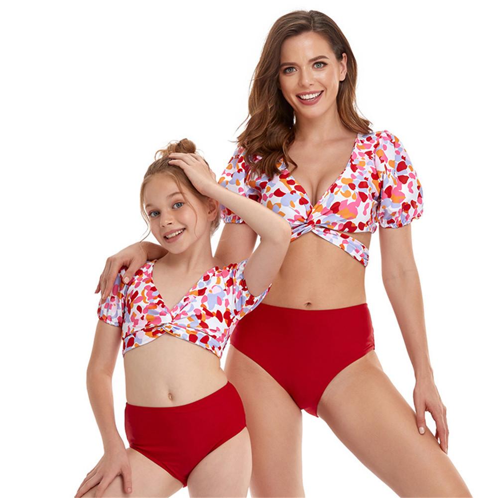 Parent-Child Leopard Printed V-Neck Short Sleeve Swimming Suit mommy and me outfits wholesale