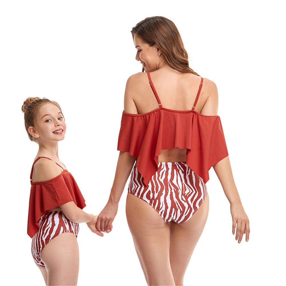 Parent-Child Parent-Child Ruffled Solid Color Fashion Sling Swimming Suit mommy and me outfits wholesale